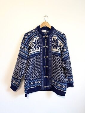 Voss Norway Fair Isle Wool Cardigan Sweater Size Large Blue Nordic